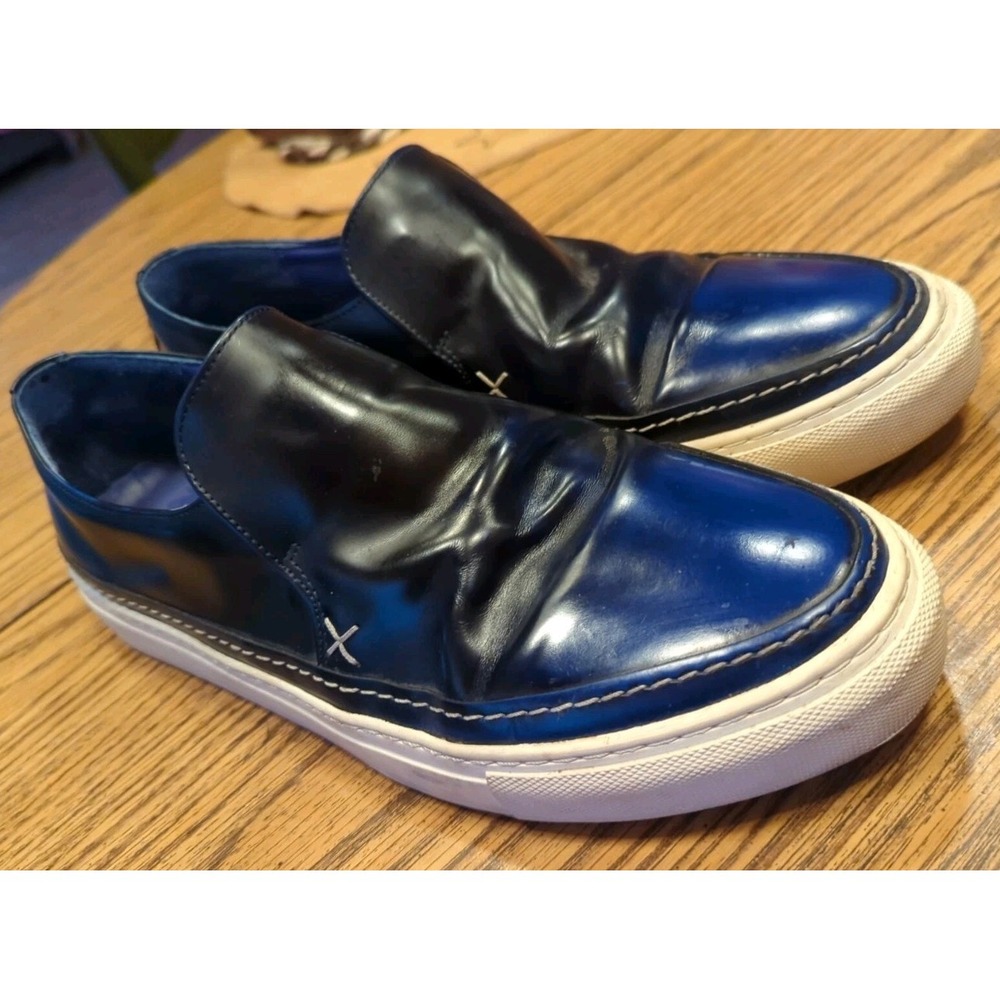 NOAH WAXMAN Blue Patent Leather Opalescent Slip‎ On Sneakers Men's EU 44 US 11